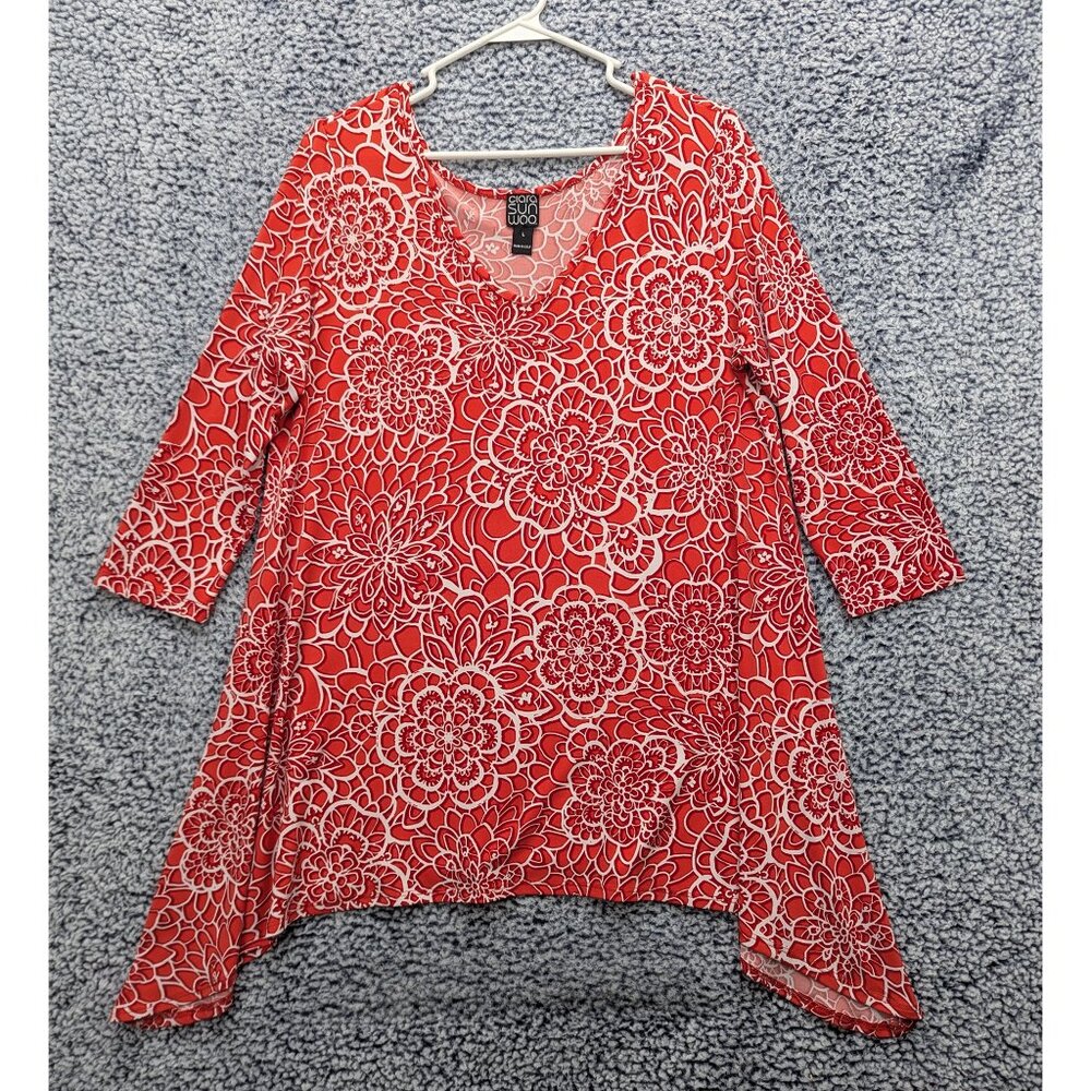 Clara Sun Woo Floral Tunic Top Size LG Lightweight Boho Stretch Colorful USA Red